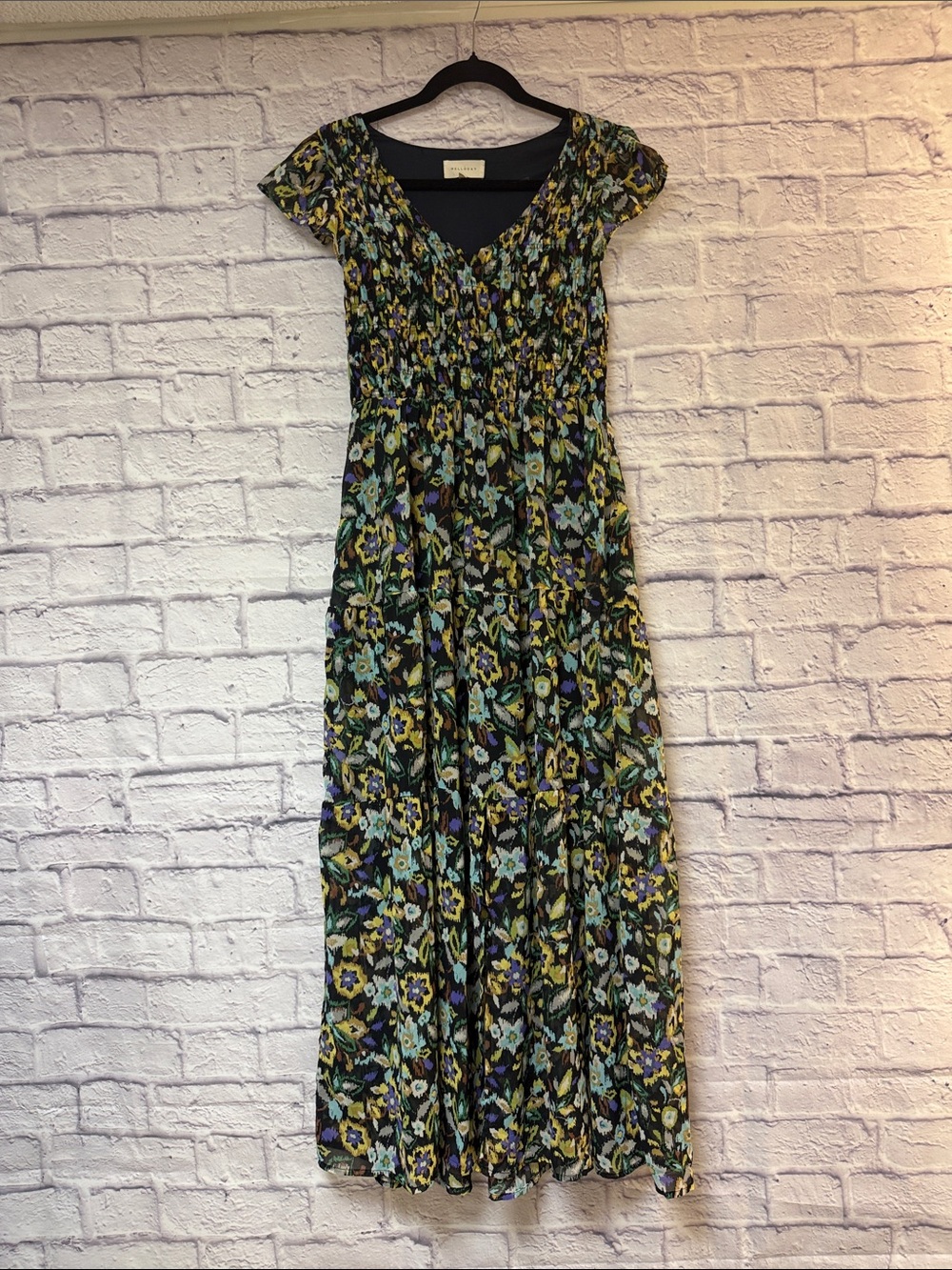 MELLODAY Black Floral Maxi Dress with Green and Blue Accents